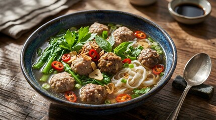 Delicious Asian noodle soup with meatballs, fresh vegetables and herbs