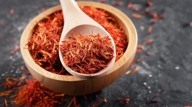 Close up of vibrant saffron threads in wooden bowl and spoon for cooking and seasoning