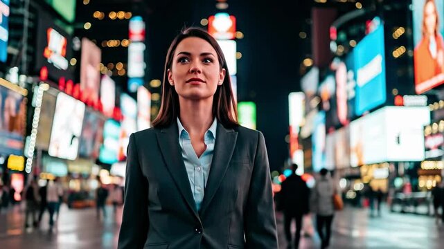 Young adult female adtech professional holding smartphone in neon city, urban media buyer