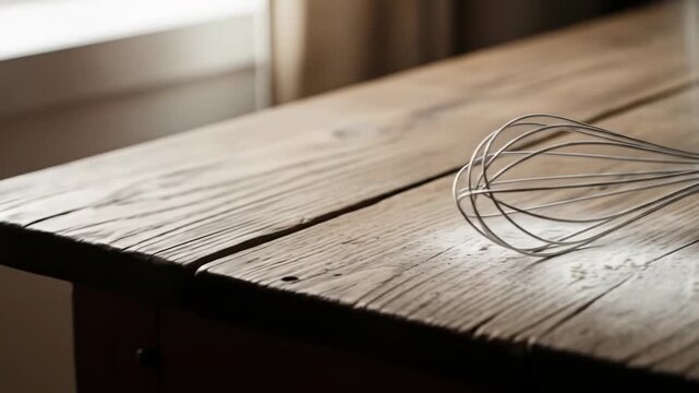 A whisk lies on a wooden table with natural light shining on it
