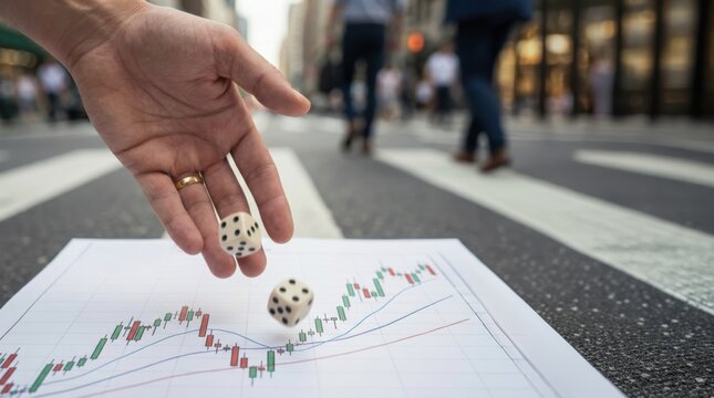 A hand rolling dice over a financial chart on the ground, symbolizing risk and uncertainty in investment and stock market decisions.