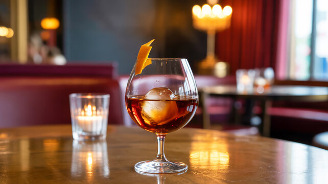 A close-up photograph of a classic Negroni cocktail in a brandy snifter glass on a polished wooden table
