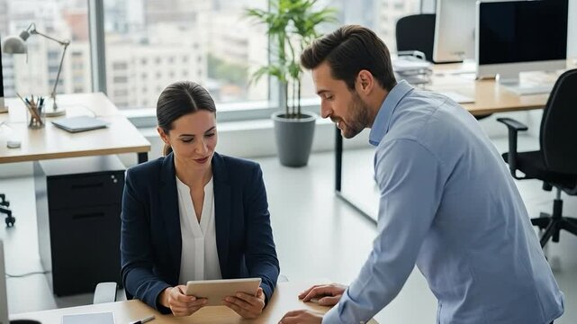 Professional Caucasian Woman Mentoring Male Colleague with Tablet in Modern Office Onboarding Session