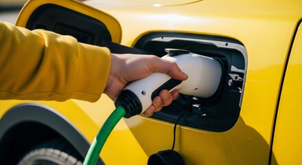Person charging electric yellow car with green charging cable