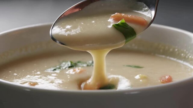 Spoon lifting creamy vegetable soup from bowl, close up food scene showing fresh ingredients and homemade comfort meal for healthy nutrition and restaurant menu concepts