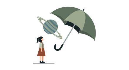 Woman Looking at Planet Under Umbrella. © Kill