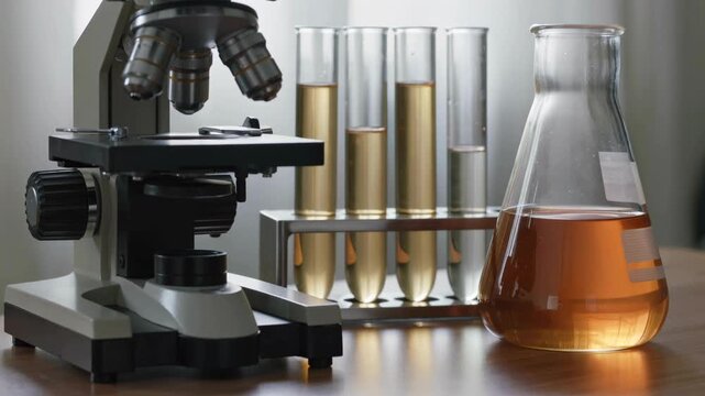 Laboratory microscope with test tubes and flask containing liquid samples on research table, scientific equipment for chemistry analysis, medical testing, biotechnology experiments and technology deve