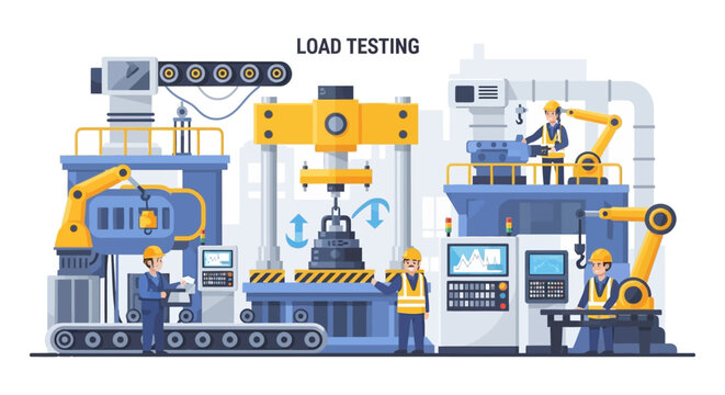 Load Testing Industrial Facility: Engineers & Robotics Ensure Product Strength, Quality Control, & Performance Endurance