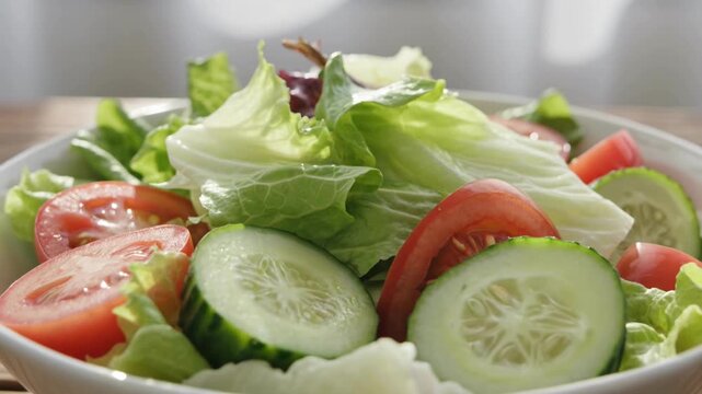 Fresh vegetable salad with lettuce, cucumber and tomato slices in bowl on table, healthy food concept for diet nutrition, clean eating, home cooking and restaurant menu.