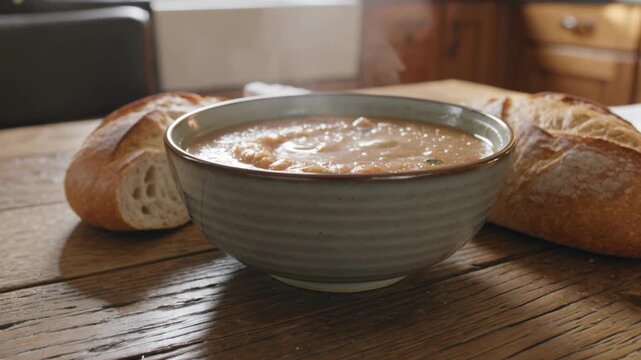 Bowl of hearty vegetable soup with fresh bread on wooden table in rustic kitchen, warm homemade meal concept for comfort food, traditional cooking, family dinner and restaurant menu