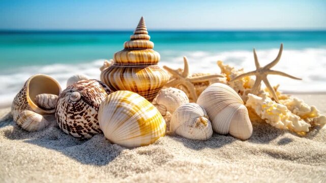Assortment of seashells, starfish, and coral on a sandy beach, with ocean in the background