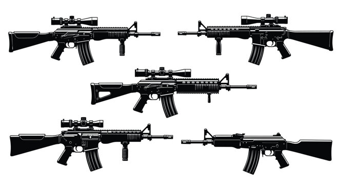 Collection of five black silhouettes of modern assault rifles and tactical firearms shown from the side in a detailed weapon set.