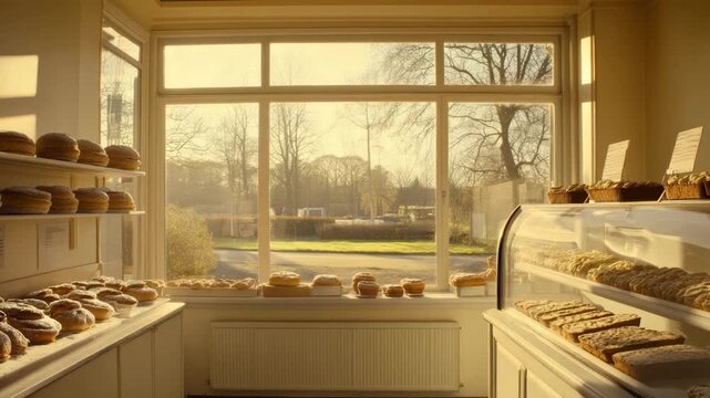 Bakery interior bathed in warm light, showcasing various baked goods, with a window overlooking trees and a park