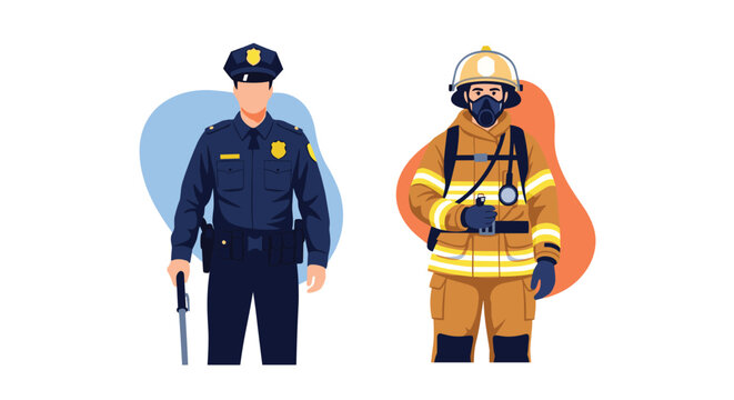 Representative characters of a male police officer and a firefighter standing side-by-side in their professional service uniforms.
