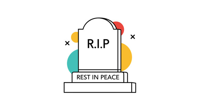 Simple tombstone illustration with the letters R.I.P and rest in peace text against colorful abstract circular shapes.