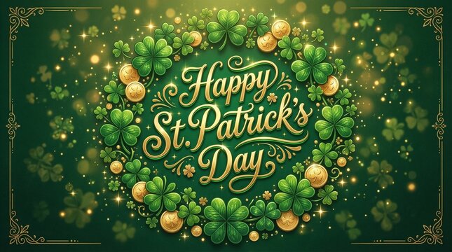 Happy St. Patrick's Day celebration with lucky shamrocks and golden sparkles, a festive green wreath