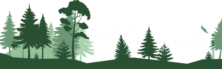 Green forest landscape vector featuring silhouettes of pine trees and firs for nature backgrounds and environmental conservation designs © Romana