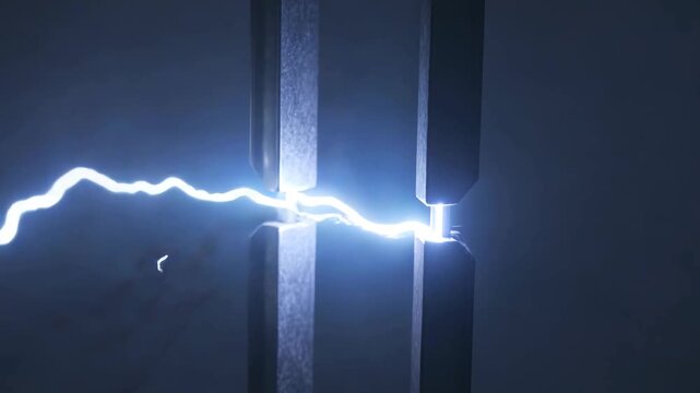 Electric arc jumping between metal electrodes in dark environment, high voltage discharge experiment demonstrating power transmission, energy technology, physics research, industry safety 