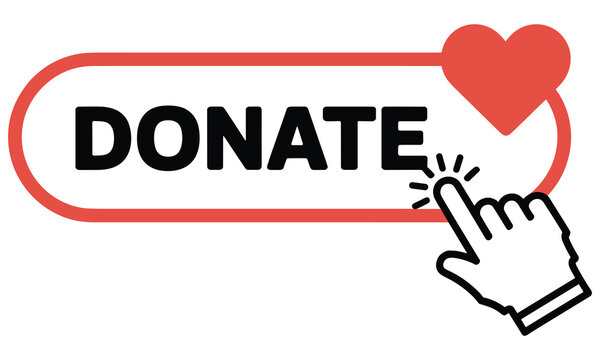 Digital illustration of a hand clicking on a button with the word donate and a red heart symbolizing charitable giving and online donations.