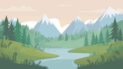 Fototapeta premium A serene landscape of a river flowing through a green valley with mountains in the background