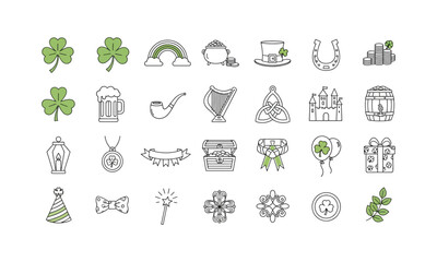 Fototapeta premium St. Patrick's Day icons, shamrocks, rainbow, leprechaun hat, four leaf clover