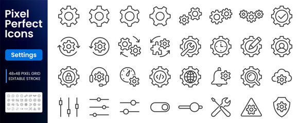 Settings and gear line icon set. Cogwheel, engine, maintenance, repair, process control minimal vector illustrations. Simple outline signs for configuration. 48x48 Pixel Perfect. Editable Stroke.