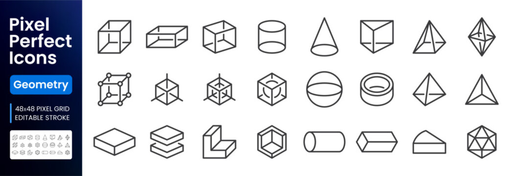 Geometry line icon set. Cube, sphere, pyramid, cylinder, cone, torus, prism, octahedron minimal vector illustrations geometric shapes. Simple outline signs. 48x48 Pixel Perfect. Editable Stroke.
