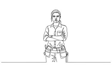 Obraz premium Continuous one line drawing of young handy woman pose cross arms on chest before going to work.