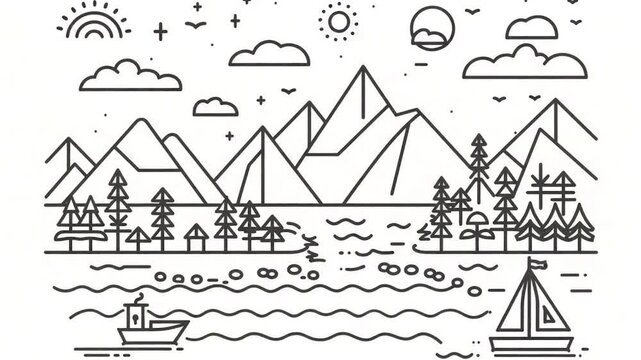 Black and white line drawing of mountains, trees, and a boat