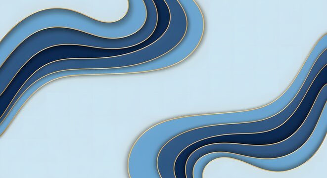 Abstract layered blue waves with gold trim on pale blue background elegant curved lines and fluid shapes modern digital art
