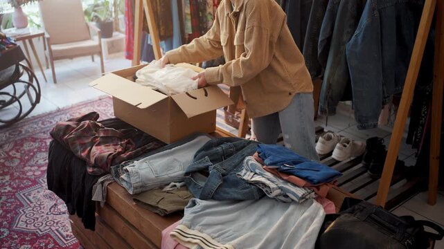 Organized Garment Folding And Packing. Preparing Clothing Items With Meticulous Folding And Sealing