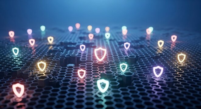 Abstract digital security concept with glowing shield icons on a grid