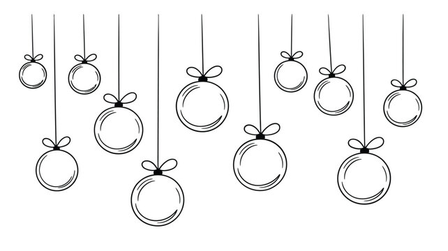 Line of sketched christmas ornaments hanging from delicate strings