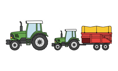 Obraz premium Green Farm Tractor and Smaller Tractor with Red Trailer Illustration