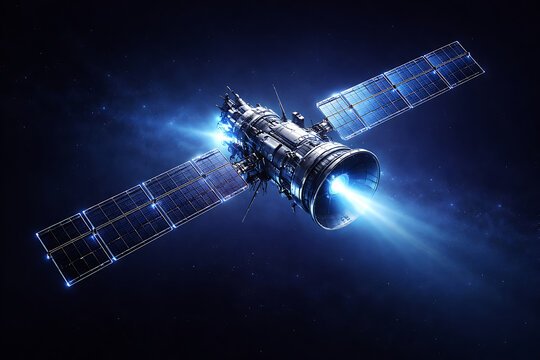 A satellite in space utilizes thrusters against a backdrop of stars