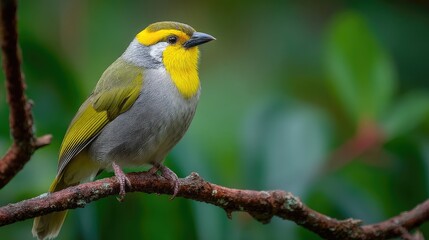 Obraz premium A yellow and gray bird perched on a branch with green leaves in the background.