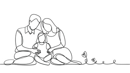 Obraz premium A minimalist line drawing depicts a family of three embracing