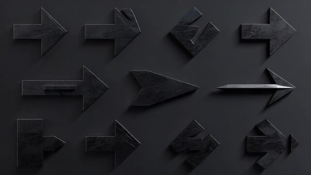 Collection of black arrows on a dark background, great for abstract designs and minimalistic compositions