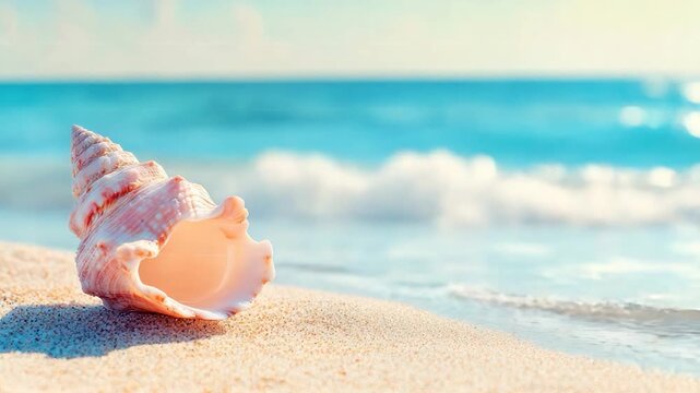 A detailed image of a seashell on a sandy beach. The ocean and sky blur in background