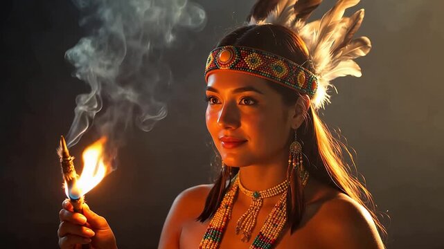 Woman in traditional headdress holding burning object
