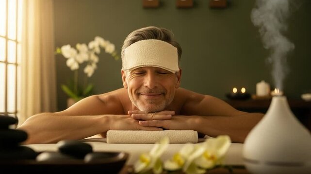 Mature man enjoying holistic wellness treatment with essential oil diffuser and steam