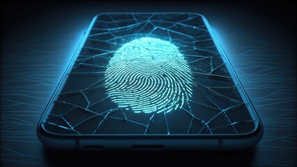 Cracked Smartphone Screen with Fingerprint Reflection in Blue Light
