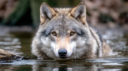 A wolf swimming in a body of water with a blurred background.