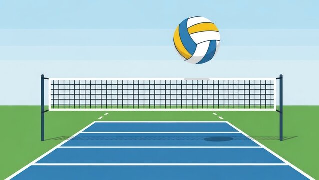 Volleyball net and ball in play on court with green background vector