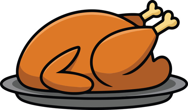 Minimalist cartoon roasted turkey on serving plate illustration with orange brown bird in clean flat vector style