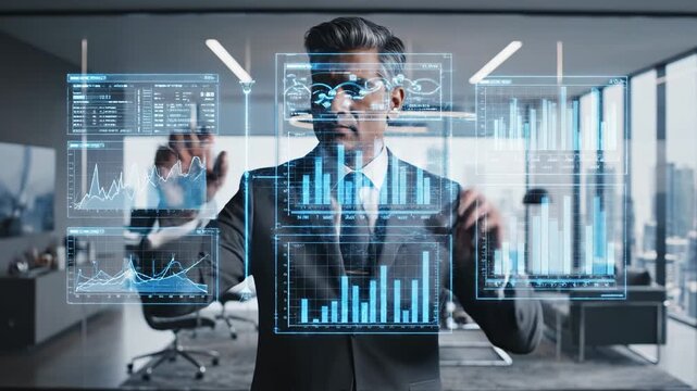 Data analysis business intelligence and data visualization for financial forecasting strategic planning with male executive interacting with holographic charts in a modern office environment