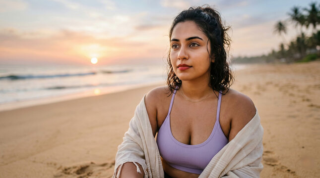 Young Indian woman sitting on a sandy beach at sunrise, wrapped in a light shawl over a bikini top, gazing toward the ocean with soft morning light and tropical shoreline in the background.
