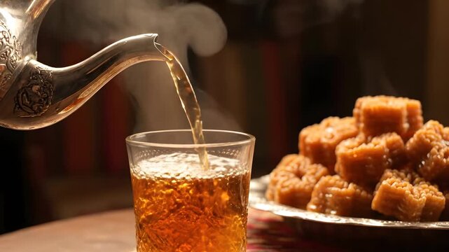 Pouring Hot Tea from Golden Middle Eastern Teapot into Glass, Sweet Baklava Dessert Background, Eid Fitri