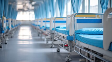 Empty hospital beds in a sterile room with blue curtains.