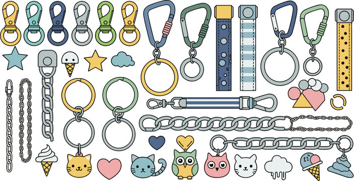 Keychain and carabiner accessories vector collection with cute animal charms chains rings and colorful key holder designs